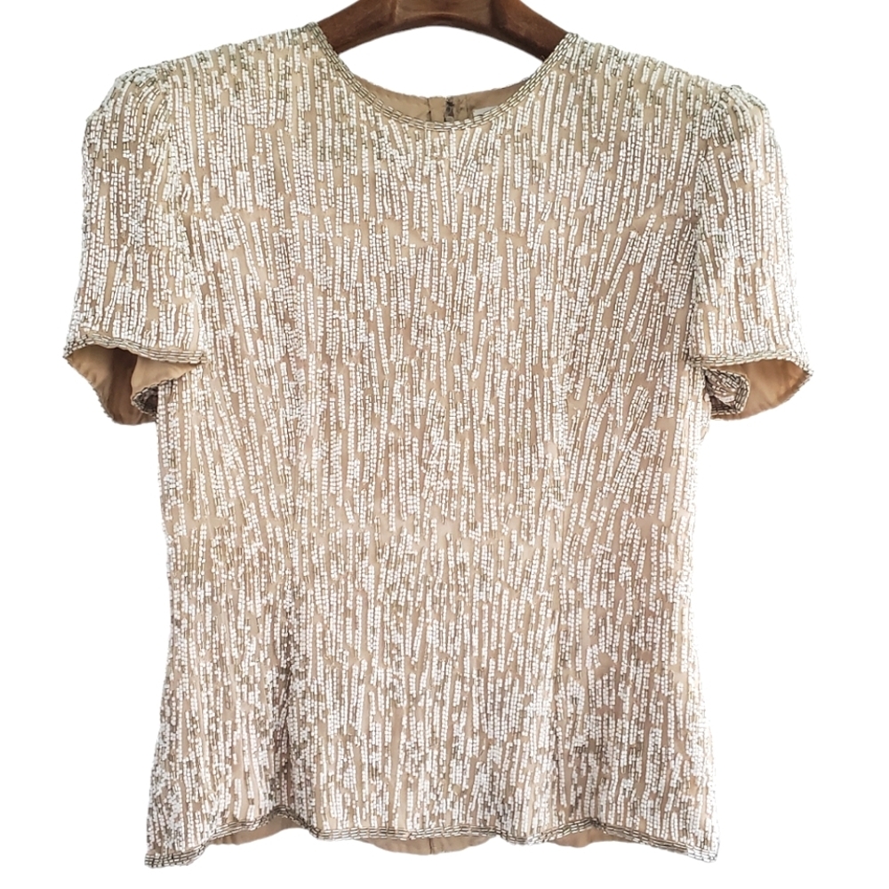 Black Tie Oleg Cassini Elegant Beige Sequin Blouse